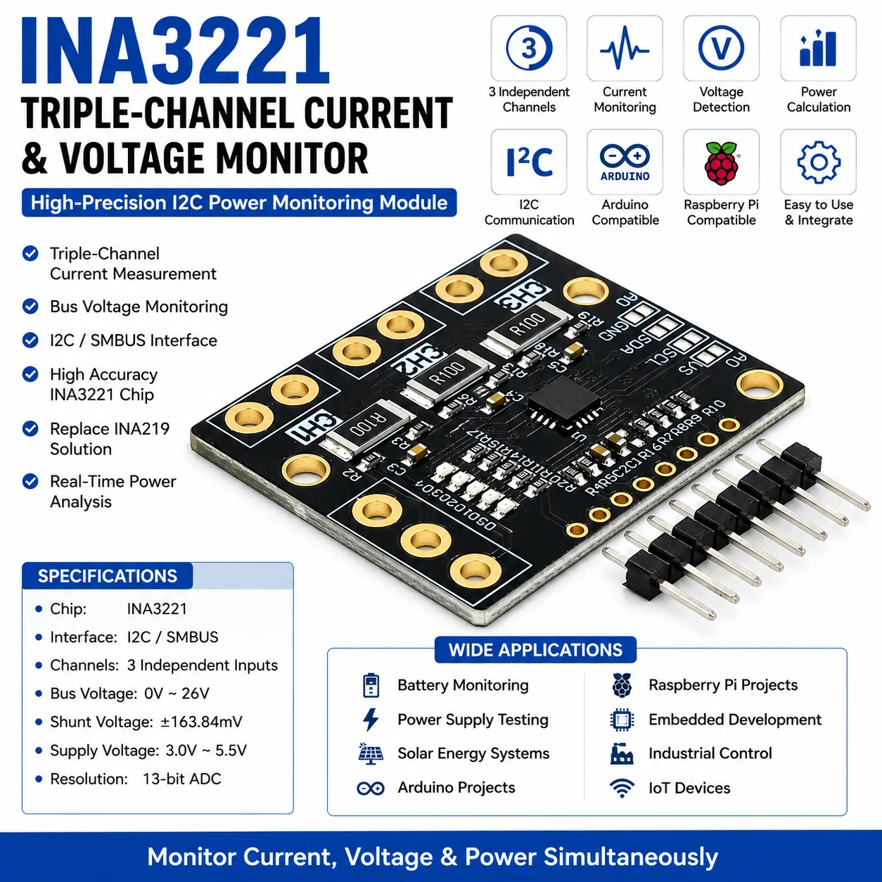 I2C SMBUS INA3221 Triple-Channel Shunt Current Power Supply Voltage Monitor Sensor Board Module Replace INA219 With Pins