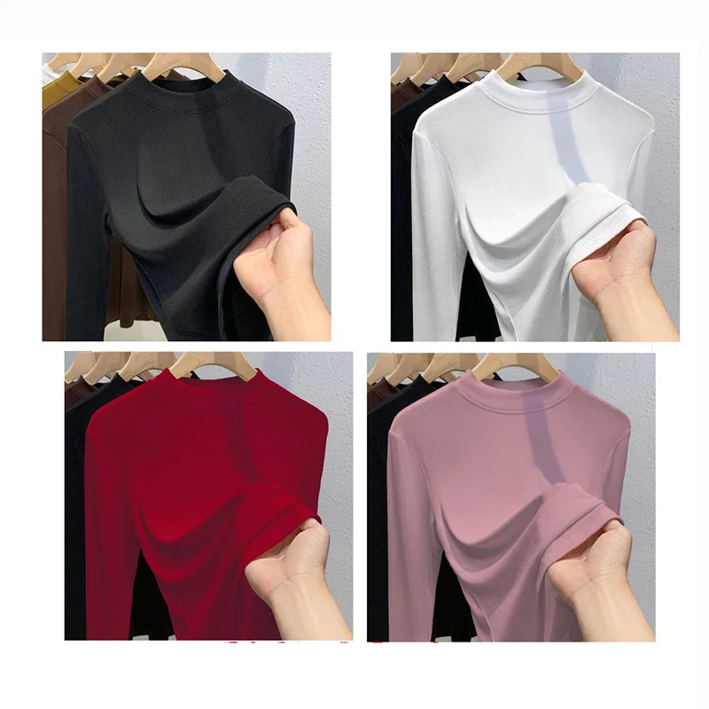 

2025 Women Classic Fashion Solid Tops Girls Korean Slim Fit Thin Long Sleeve Clothes Lady Round Neck Thermal Pullovers