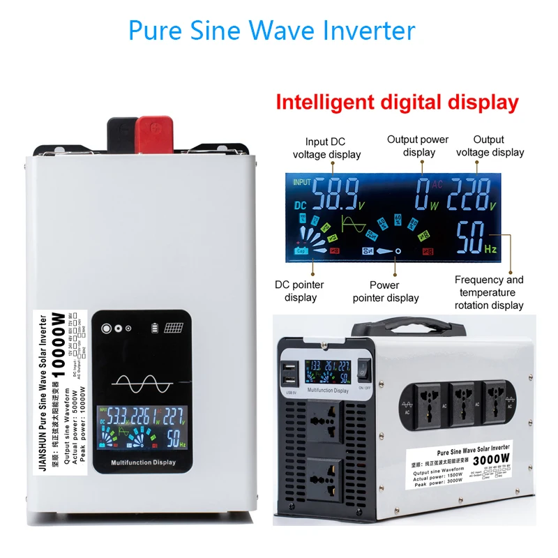 

12000W 10000W 8000W Power Pure Sine Wave Inverter 12V 24V 48V 60V 72V 96V to 220V 50Hz Converter Solar Car Inverters Off Grid