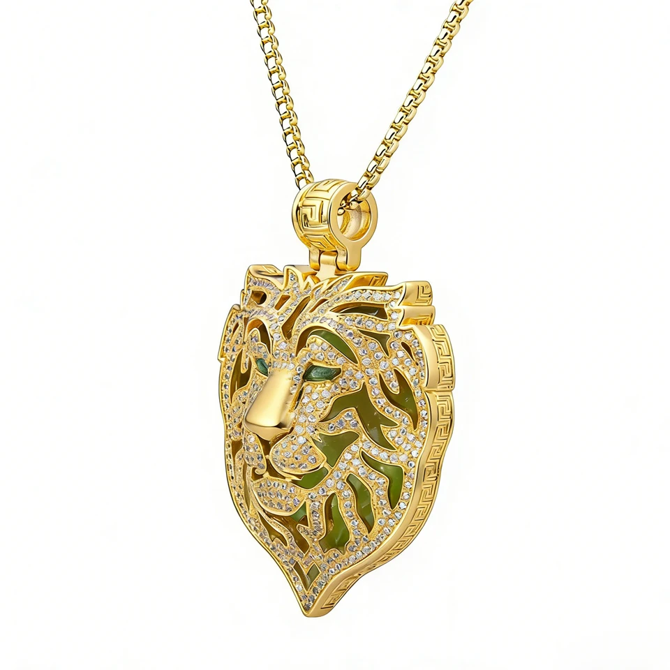 VANAXIN Hip Hop Iced Out Green Eyed Big Tiger Head Pendant CZ Zircon Beast Animal Luminous Necklace Men Women Jewelry
