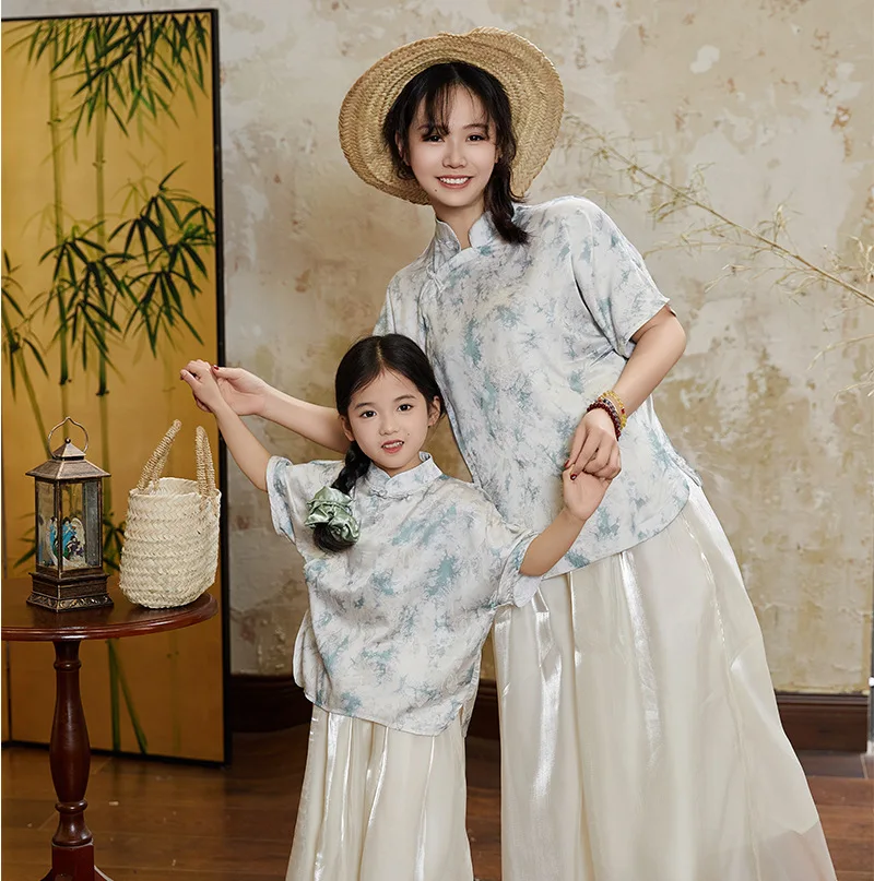 Ropa para padres e hijos, ropa china con hebilla de satén para madre e hija, ropa a juego para madre e hija, verano