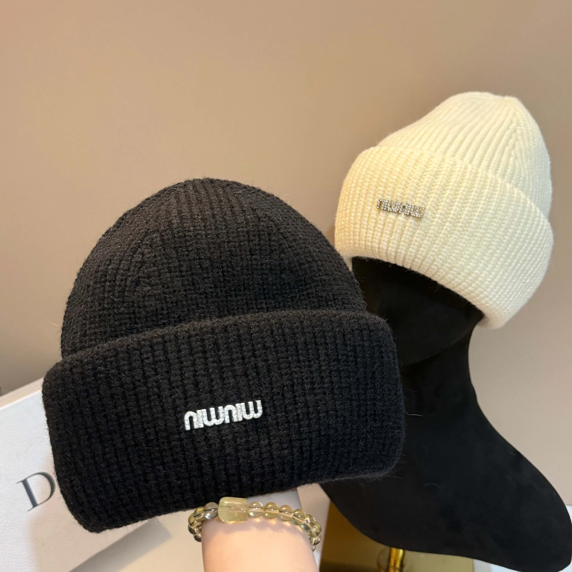 Winter Designer New Premium Sheep Wool Knit Cap Outdoor Warm Ear Protection Thick Double Fold Beanie Balaclava Women​