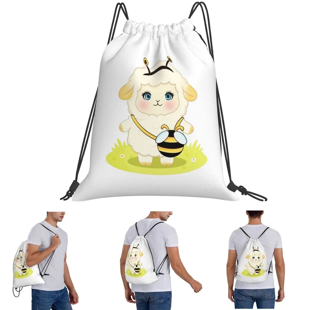 

Sweet Buzz Kawaii Sheep With Bee Handbag Backpacks Casual Drawstring Bundle Pocket Sports Bag Book Bags for Man Woman Students
