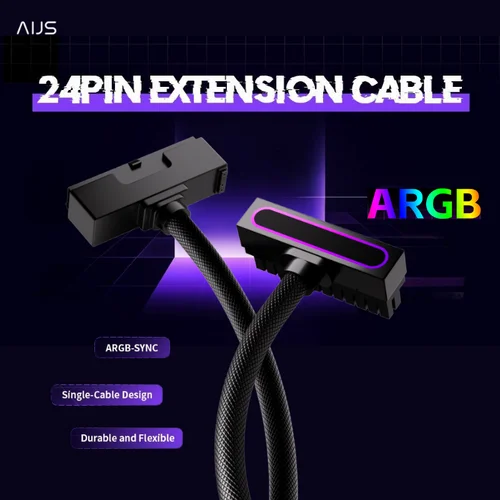 Cable de extensión PSU AIJS de 24 pines, cable de PC ARGB con 5V 3 pines, diseño de ángulo recto de 90 grados 18AWG para cable de alimentación de PC, macho a hembra