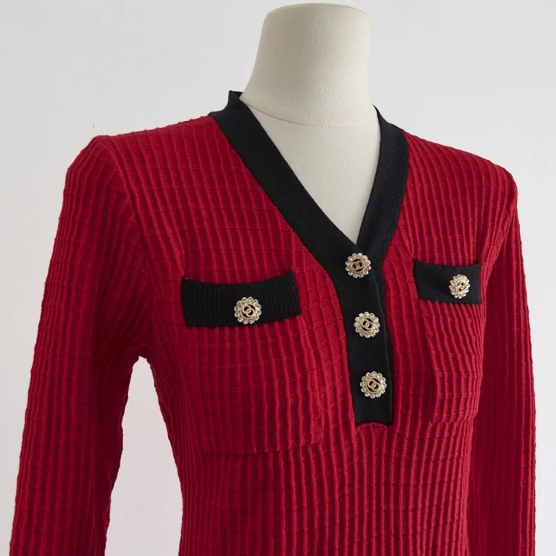 Elegante vestido de malha fino ajuste roupas de outono feminino manga longa vneck bodycon plissado hem mini vestidos ol estilo malha waffle vestido