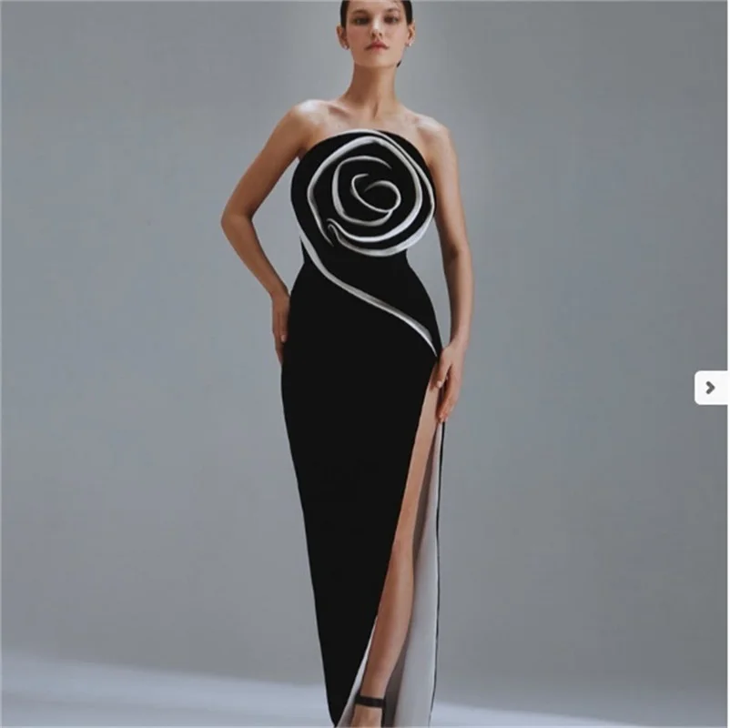 

Black White Women Prom Dress 3D Flower Strapless Party Robes Sleeveless Sheath Sexy Side Split Formal Birthday Evening Gown