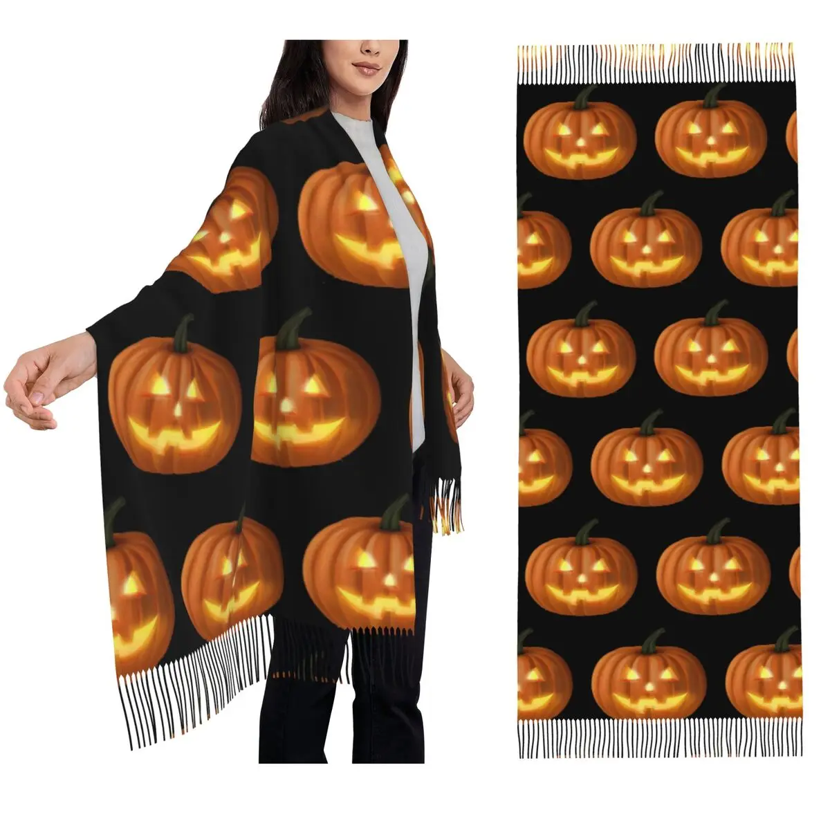 Szal z dynią na Halloween, szaliki z frędzlami dla kobiet, miękkie, ciepłe szale i narzutki, długi szal na jesień i zimę.