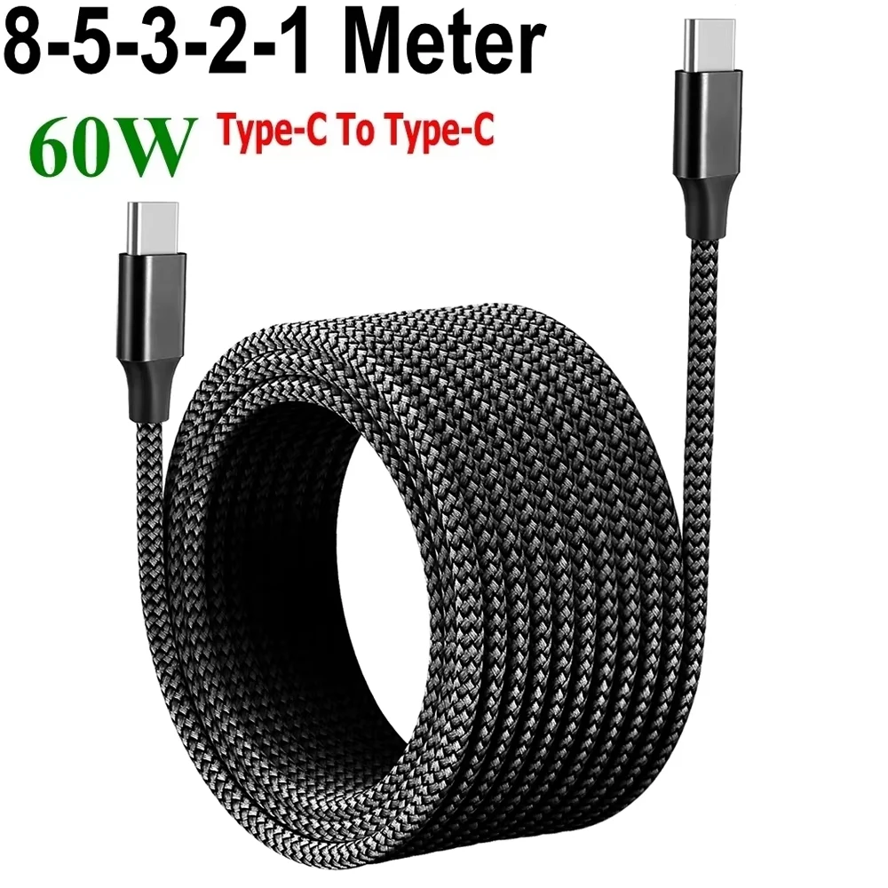 Cabo USB-C para Tipo-C PD 60W, Extensível, Carregamento Rápido, Trançado em Nylon, Cabo de Dados Duplo Tipo-C para Xiaomi, Samsung, Huawei, 1M, 2M, 3M, 5M, 8M