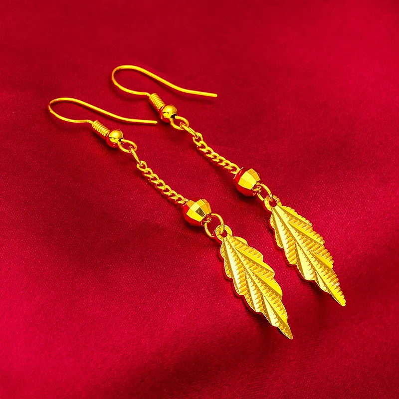 

Leaf Hook Earrings for Women (24K AU999) - Hollow Leaf Edge Link, Shiny Hook Arm, Wedding Look, Eternal Vitality