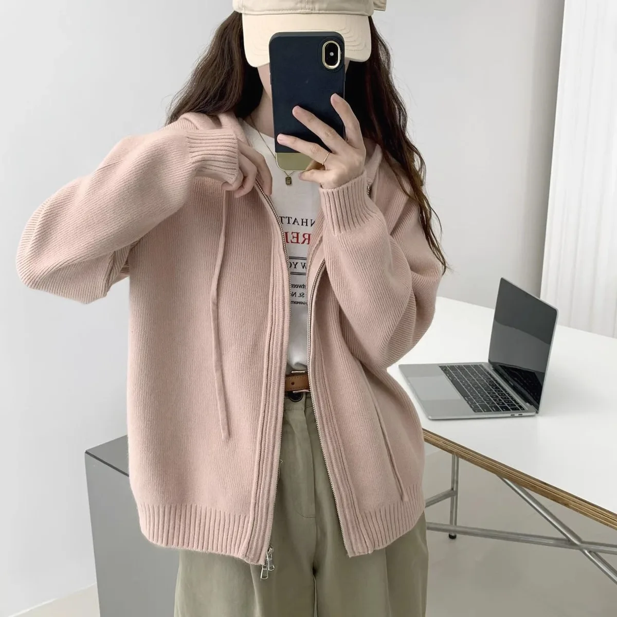 

Spring Autumn Hooded Double Zipper Sweater Women Casual Loose Cardigan Simple Versatile Knitted Jacket Female