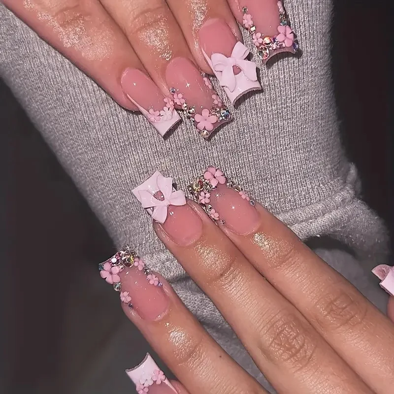 24 pçs manchas blush unhas falsas borda branca glitter diamante flor decoração estilo francês imprensa em unhas doce bowknot ins unhas falsas