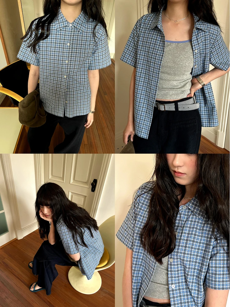 

POXFFEE ey Blue Plaid Retro Loose ort Sve irt Женский летний элитный легкий Agel Faionable Collar irt