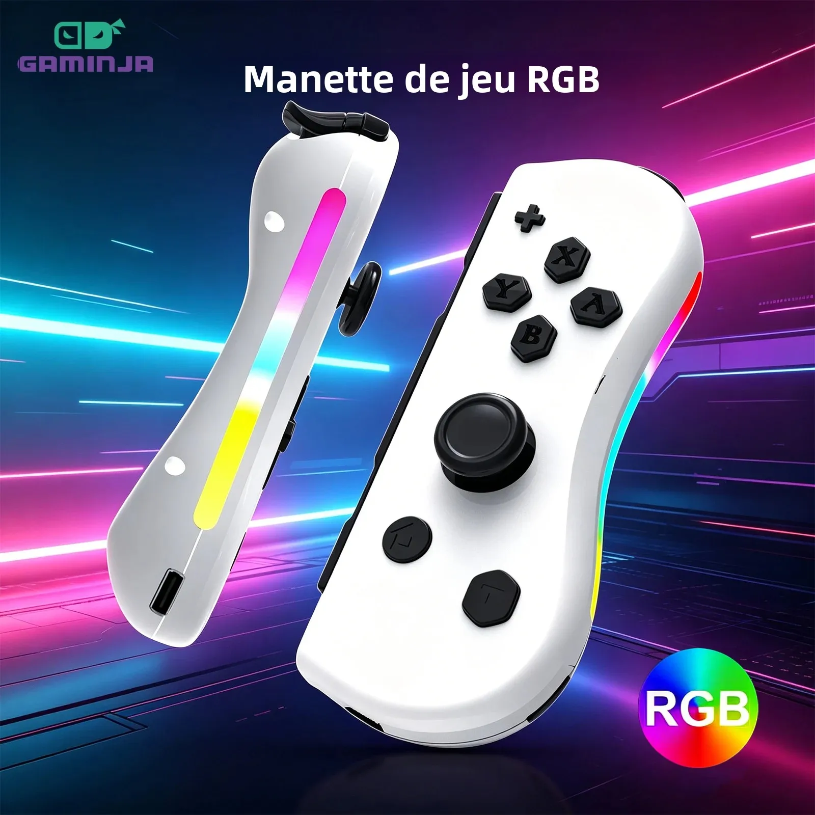 Manette sans fil GAMINJA NS008 pour console de jeu Nintendo Switch, avec lampe RGB, poignées L/R, fonction de réveil et capture d'écran
