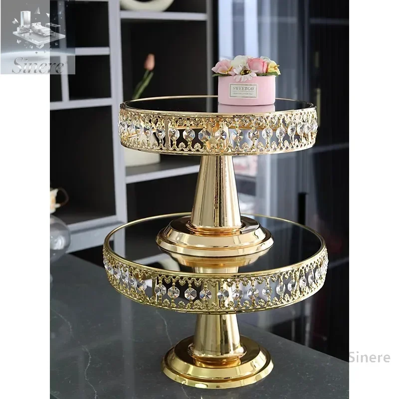 

Golden Crystal Mirror Dessert Table Wedding Cake Plate Ornament Tall Dim Sum Tray Afternoon Tea Cafe Decoration