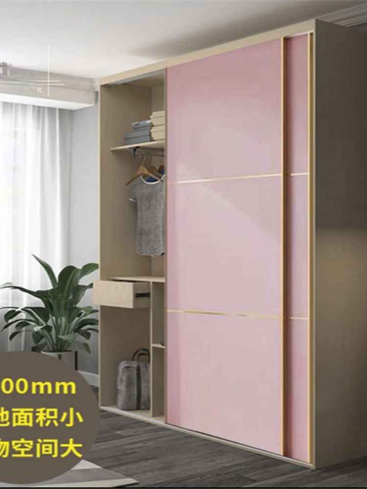 Wardrobe Sliding Door Girls Pink Economical Princess Solid Wood Small Apartment Ultra-Thin