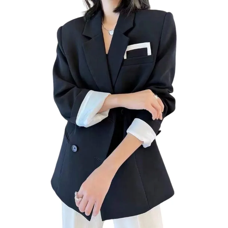 

Autumn new style commuter set woven acetate loose version cutting double-breasted suit coat lapels casaco preto feminino 2022