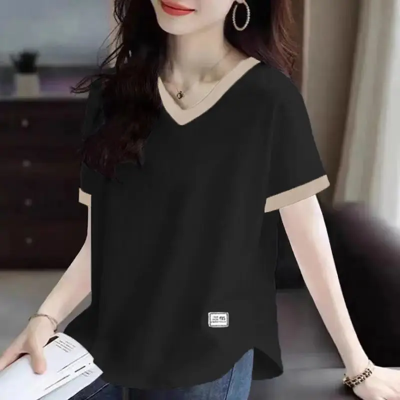 Women Summer Simplicity Elegant Loose Solid Color Cotton V-neck Short Sleeve T-Shirt Women Clothes Casual Appear Thin Top Tee