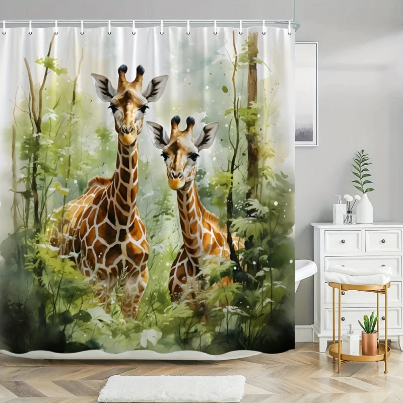 Giraffe Animal Print Shower Curtain, Washable Polyester Bathroom Decor with Hooks, Woven All-Season Wildlife Themed Bath Divider