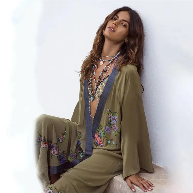 Long Boho Cardigan Light Green Floral Embroidery Beach Bikini Cover Up Kaftan Kimono Robe Summer Loose Women Blouses