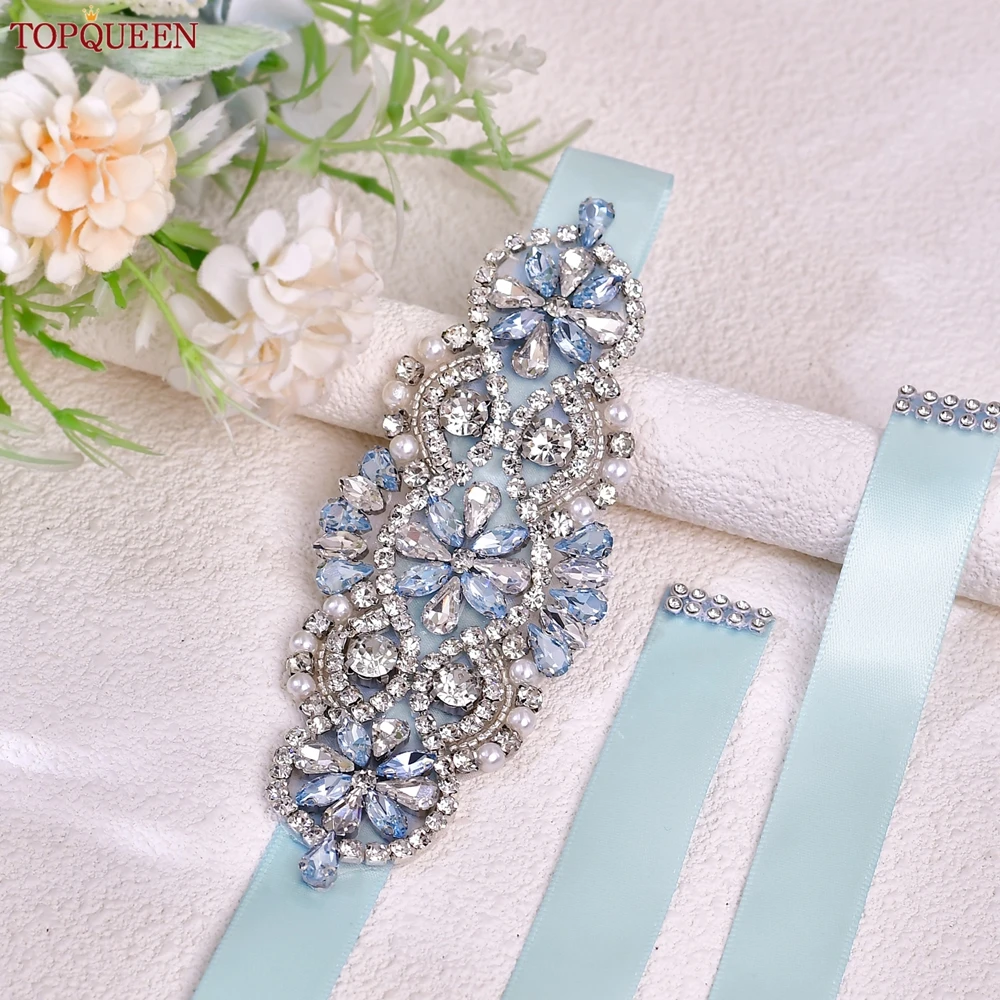 TOPQUEEN Lichtblauwe Strass Patch Riem Verjaardagsfeestje Bruiloft Handgemaakte Sjerp Betaalbare Bruidsmeisje Riem Bruidsaccessoires S76