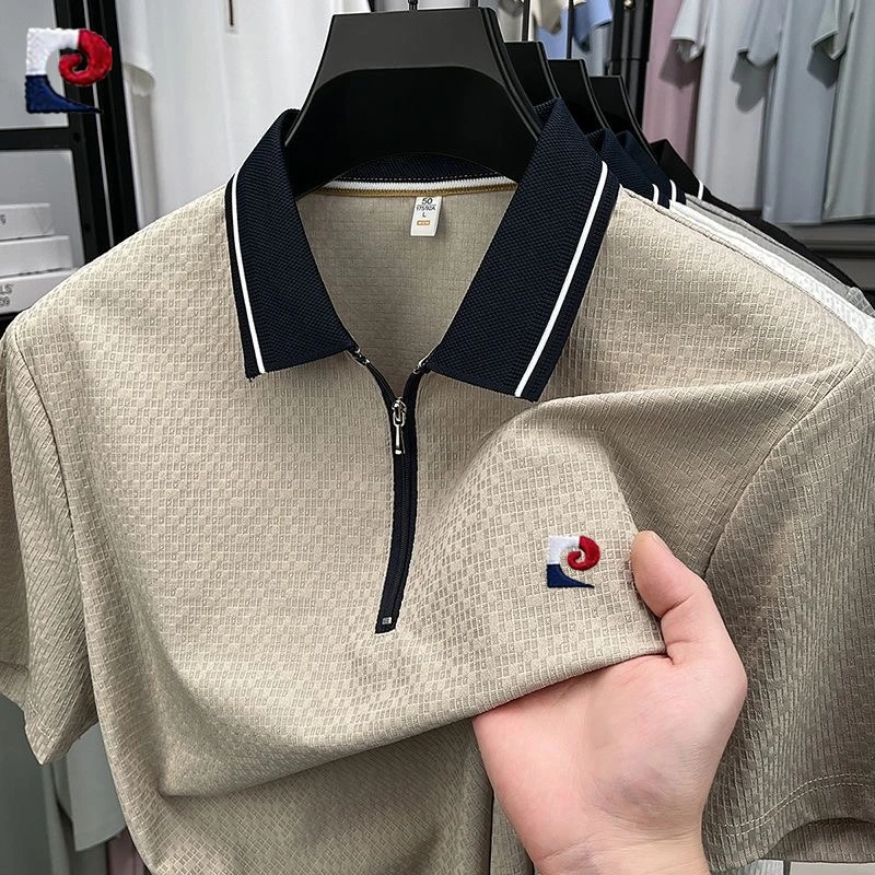 

New men's high-quality silk half zipper polo shirt for summer fashion, casual, breathable and refreshing top