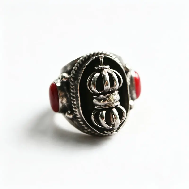 Tibetan Metal Ring for Man Spin Dorje Amulet Copper Inlay Red Lampwork Beads Open Rings Big Size R185