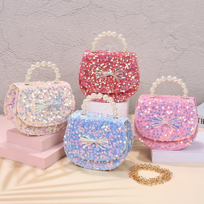 Pink Sequin Pearl Small Shoulder Bag for Baby Girls Children Luxury Mini Crossbody Bag Cut Kinds Coin Purses Little Girl Handbag