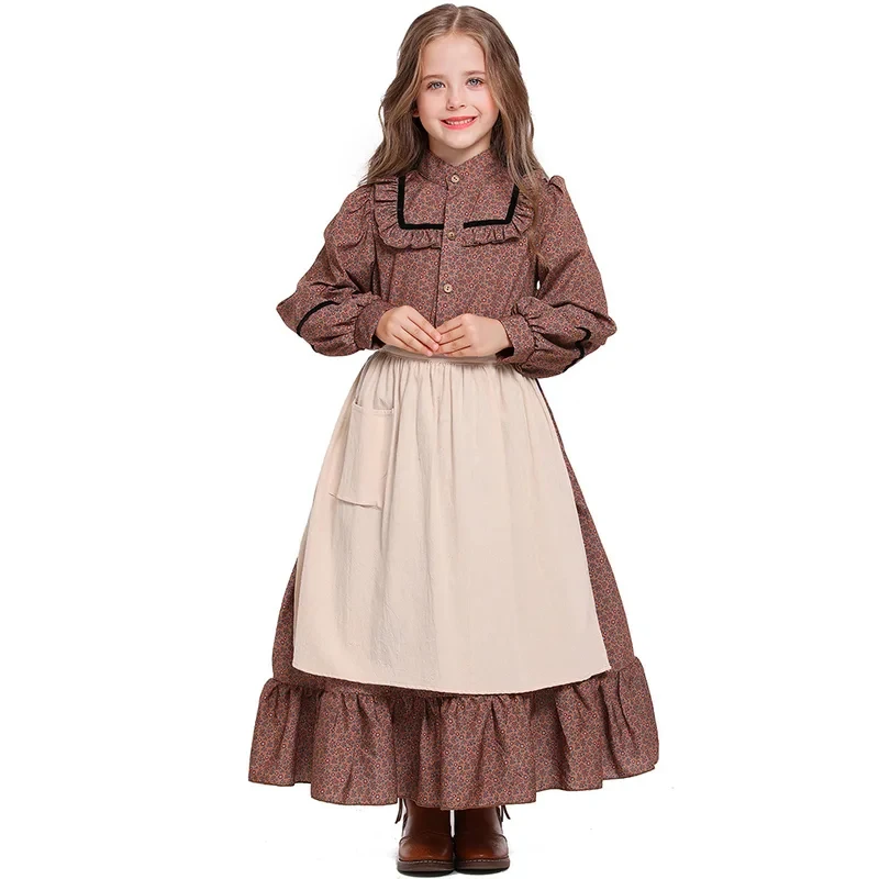 

KKL3Kid Adult Halloween Victorian Medieval Prairie Colony Brown Countryside Floral Dress Costume k15[[