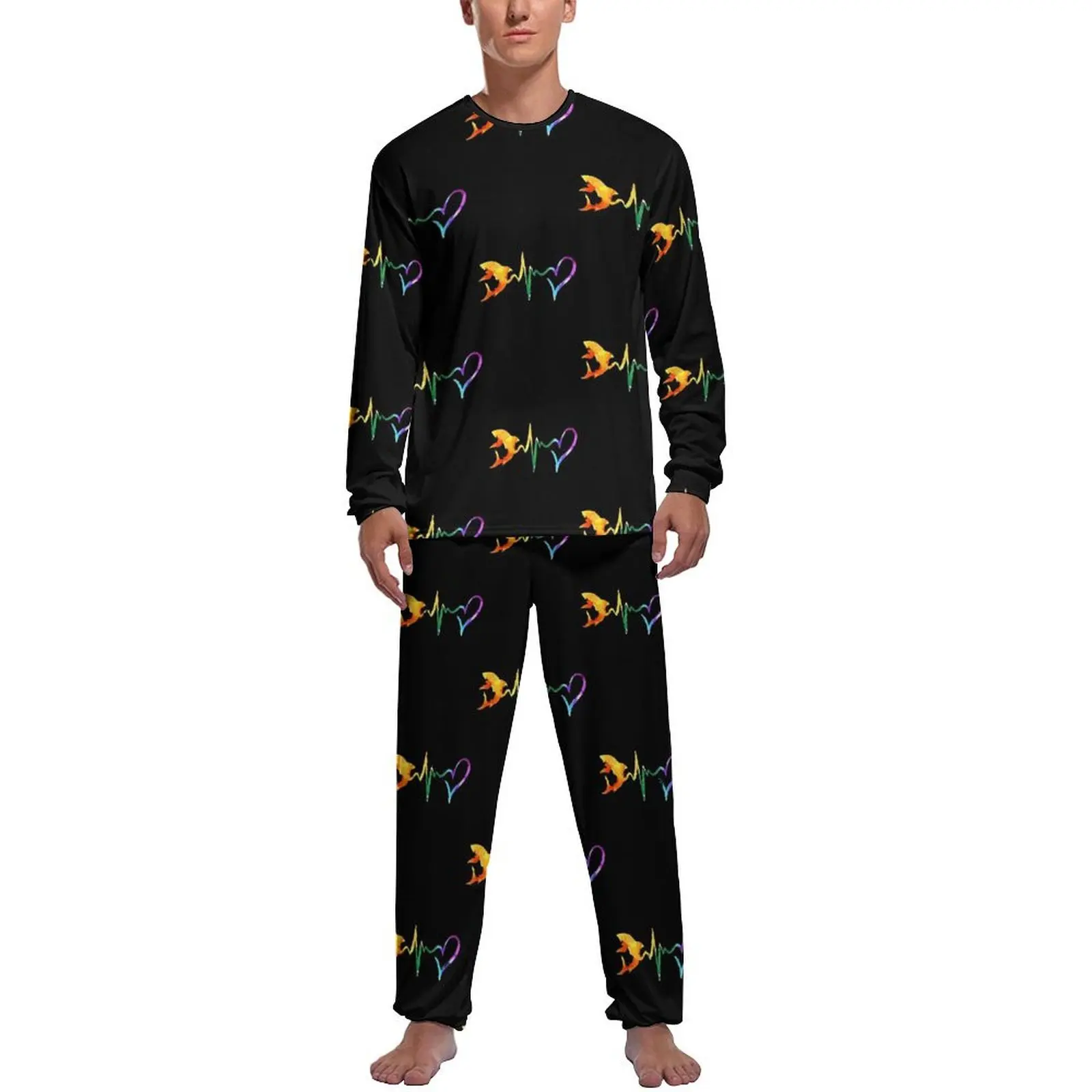 Ensemble de pyjama à manches longues pour hommes, vêtements de nuit College, animal abstrait, battement de coeur de requin mignon, sommeil masculin, automne, 2 pièces