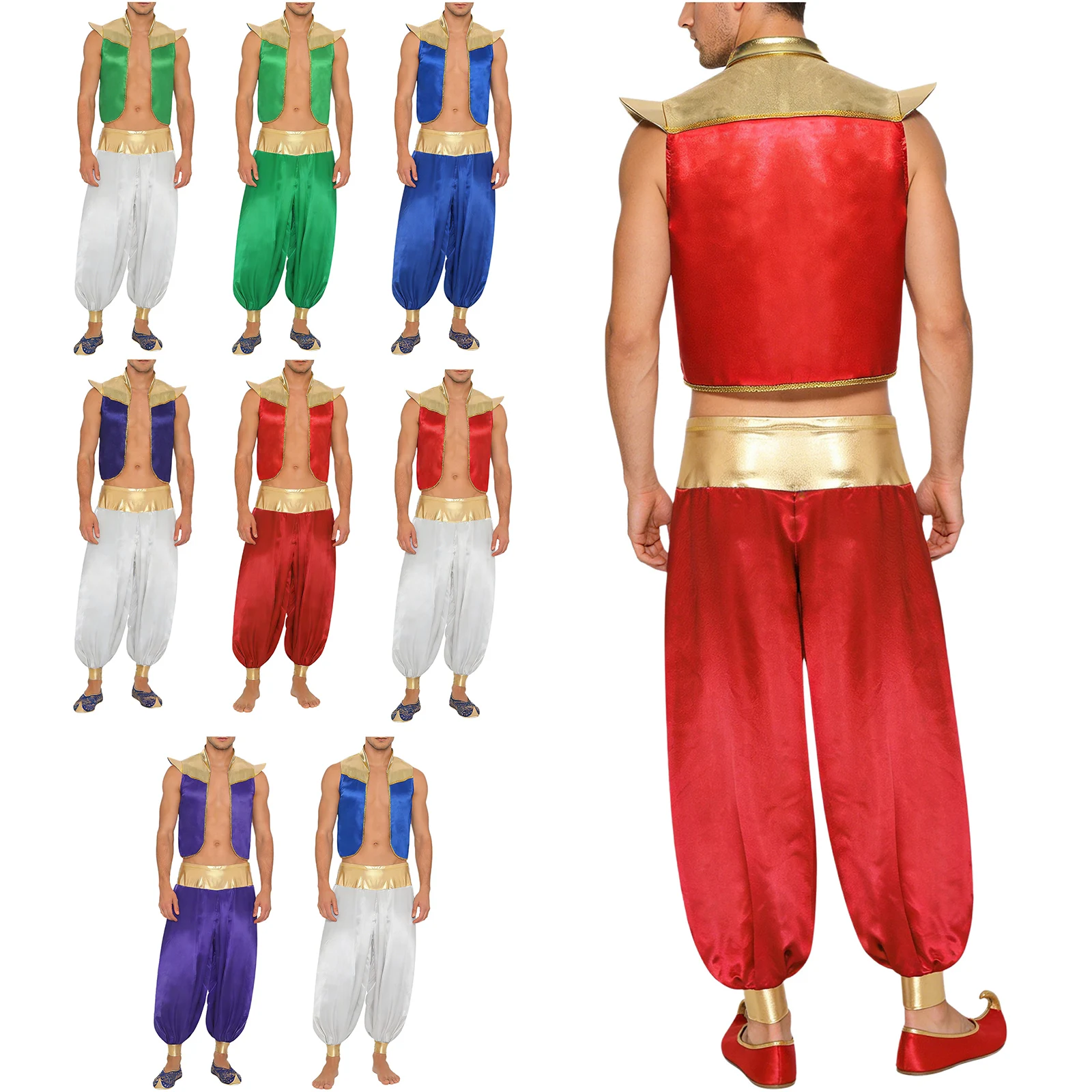 Adult Men Arabian Prince Costume Aladins Captain Cosplay Outfits Shiny Trim Open Front Vest with Pants Set for Magical Character