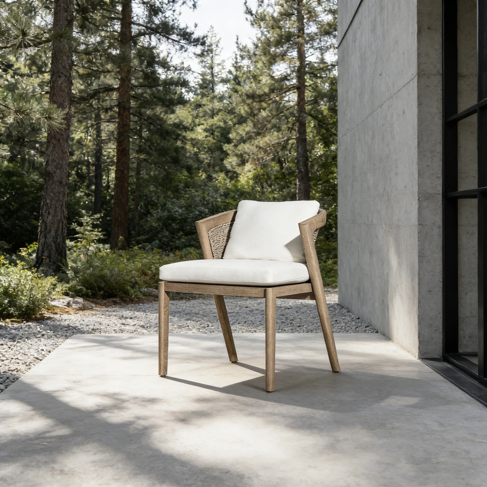 Durable Teak and Rattan Dining Chair Featuring All-Climate Cushion and Quick-Dry Support for Restaurant Terrace and Resort