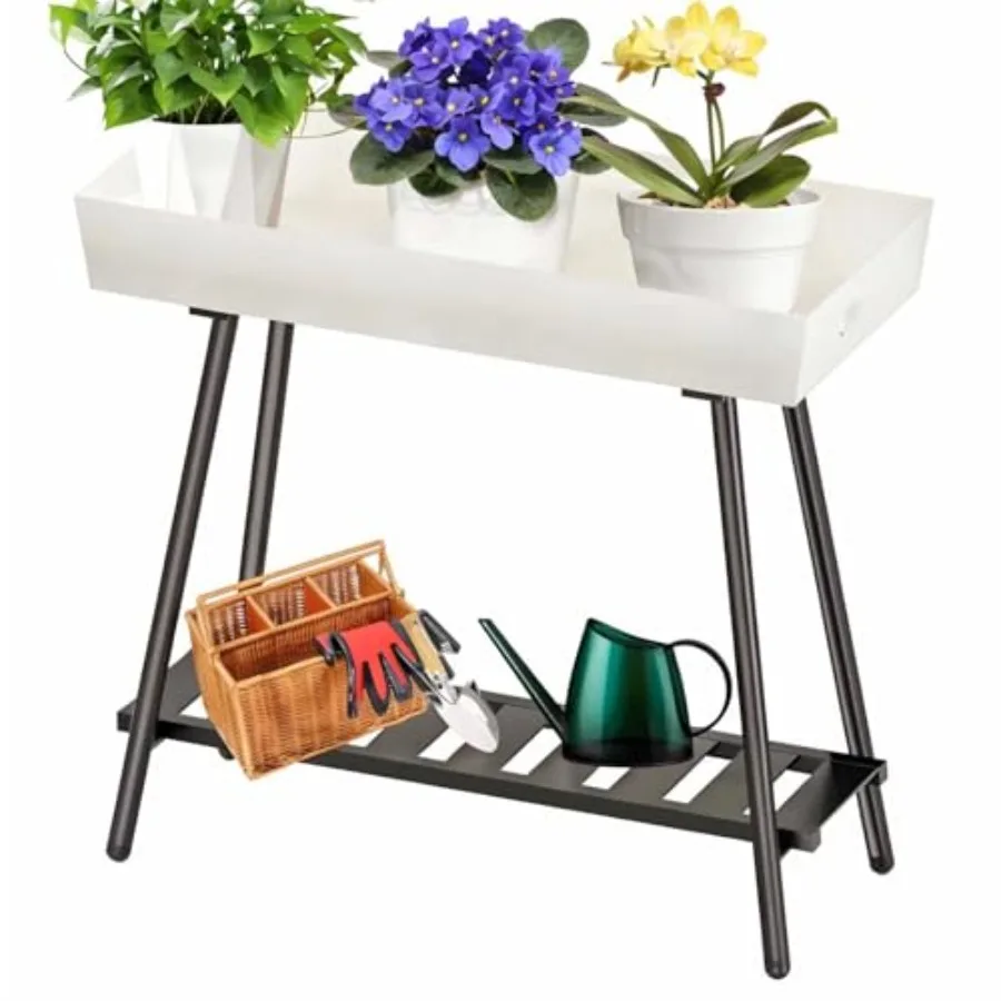 

2-Tier Aluminum Plant Stand Indoor Outdoor with Built-in Handles Anti-Fall Top Storage Box Heavy Duty Multi-Use Plant Rack and