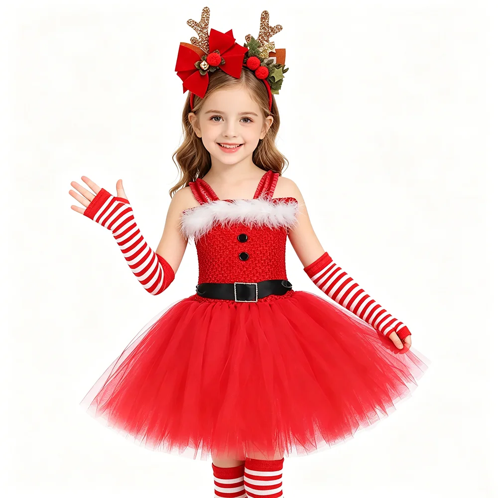 

Girls Red Santa Claus Tutu Dress Christmas Princess Costumes with Accessories for Kids Xmas Carnival Outfit Child New Year Tutus