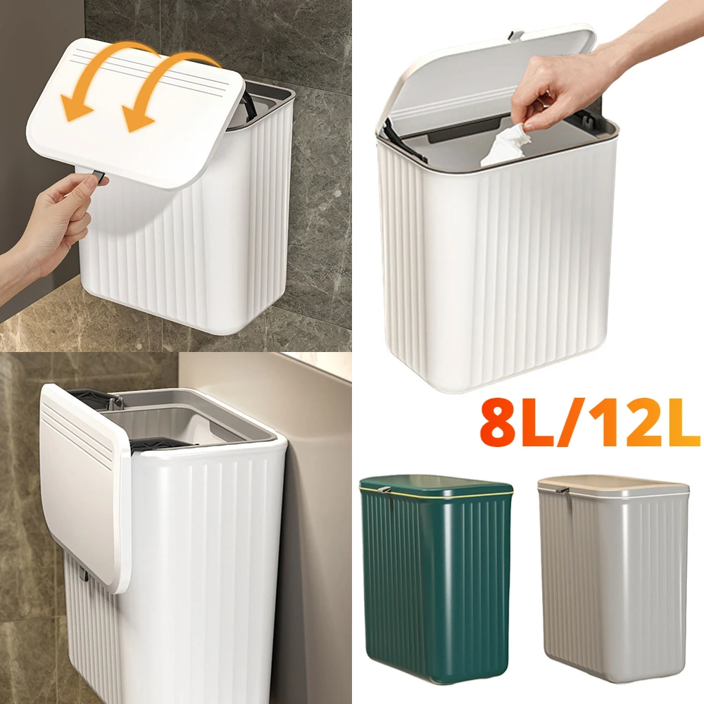 8/12L Hanging Trash Can Kitchen Wastebin Dustbin Wastebasket Large Capacity Wall Mounted Trash Bin with Lid Garbage Basket