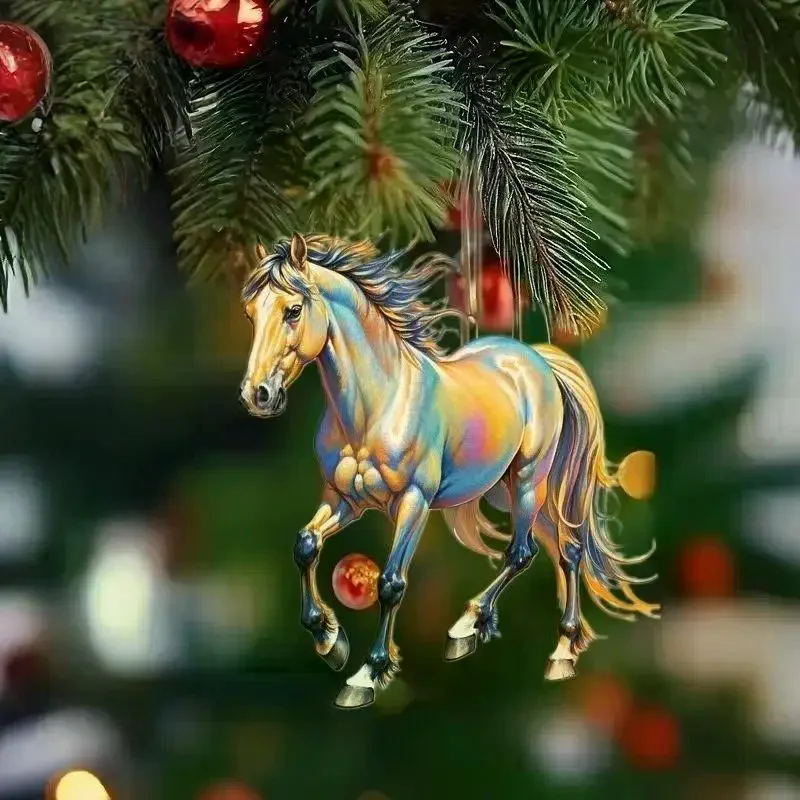 2D Acrylic Horse Car Rearview Mirror Pendant Charm Christmas Tree Backpack Hanging Ornament Party New Year Decoration Hanging