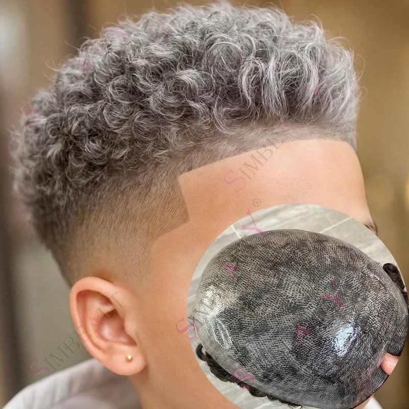 

Суперпрочный мужской парик-накладка из 15-миллиметровых кудрявых волос, полностью из полиуретана, серый, из натуральных волос, для мужчин с облысением, система замещения волос