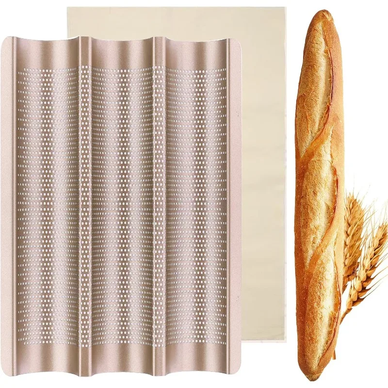 Baguette Pan with Proofing Cloth French Bread Baking Pan Perforated 3 Loaves Long Italian Bread Pan Mold Baguettes Bakery Trays