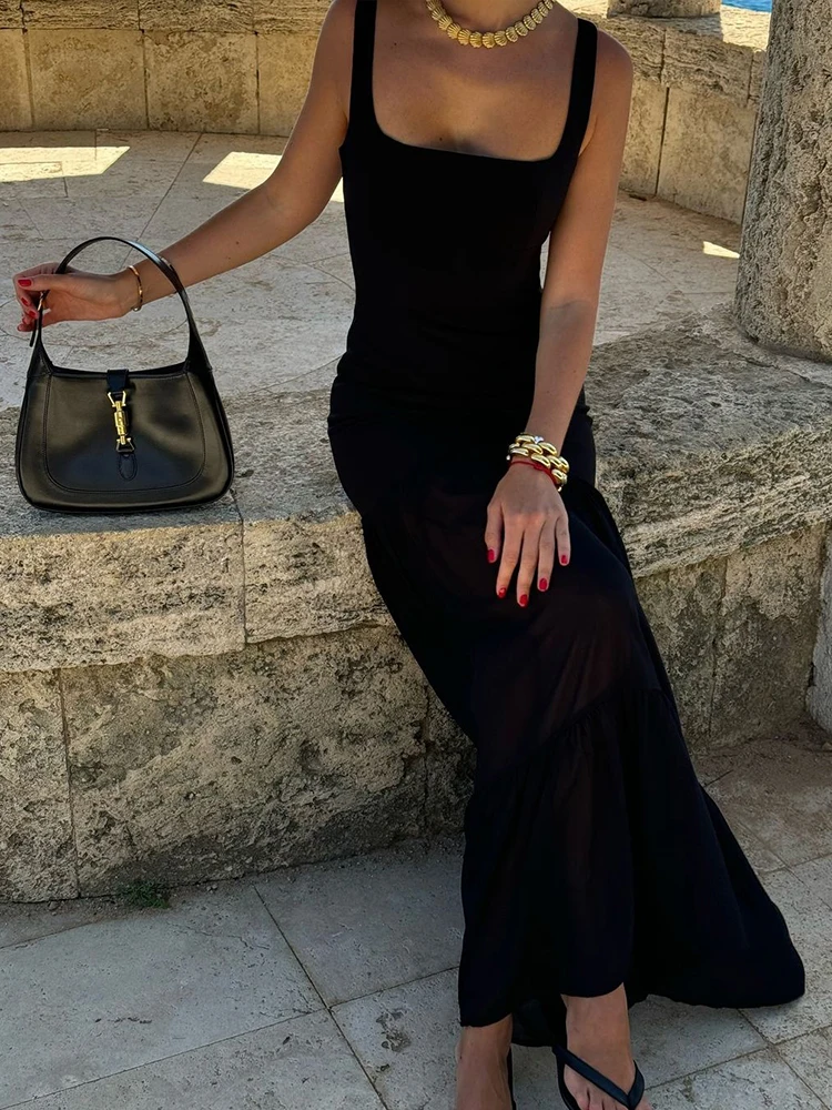 Cutenew – Robe Maxi plissée à volants pour femmes, Patchwork, classique, col carré, sans manches, gaine, élégante, vêtements de rue, nouvelle collection