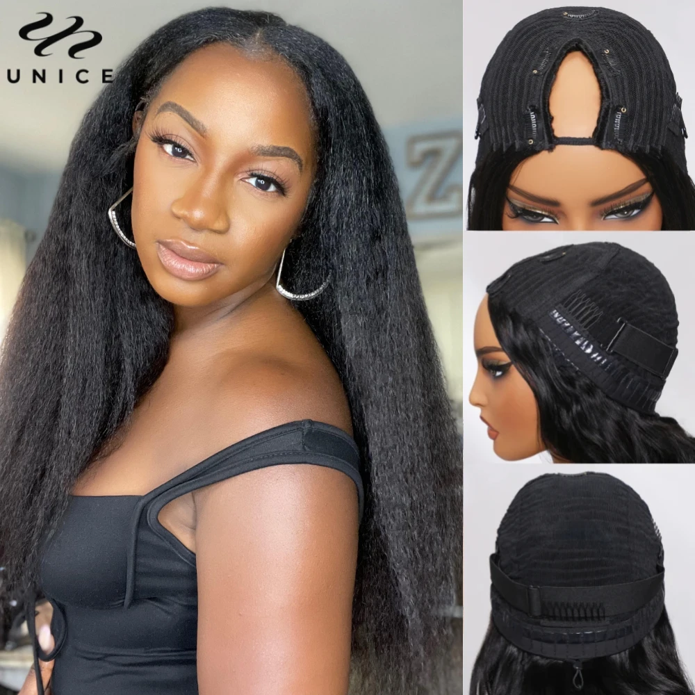 UNice Hair EasiContour Drawstring Kinky Straight V Part Wig 100% Human Hair Upgraded V-Part Wig Most Natural Look For Beginners