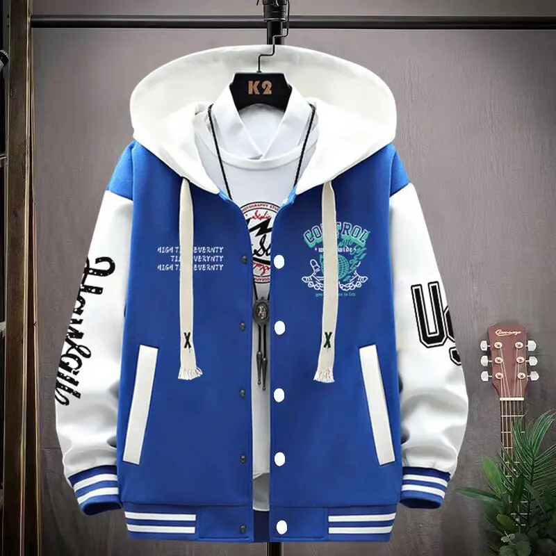 S-3XL New Men's Baseball Jacket Blue Black Cool Hooded Jacket Autumn Korean Style Casual Outerwear Fashionable Men's Clothing