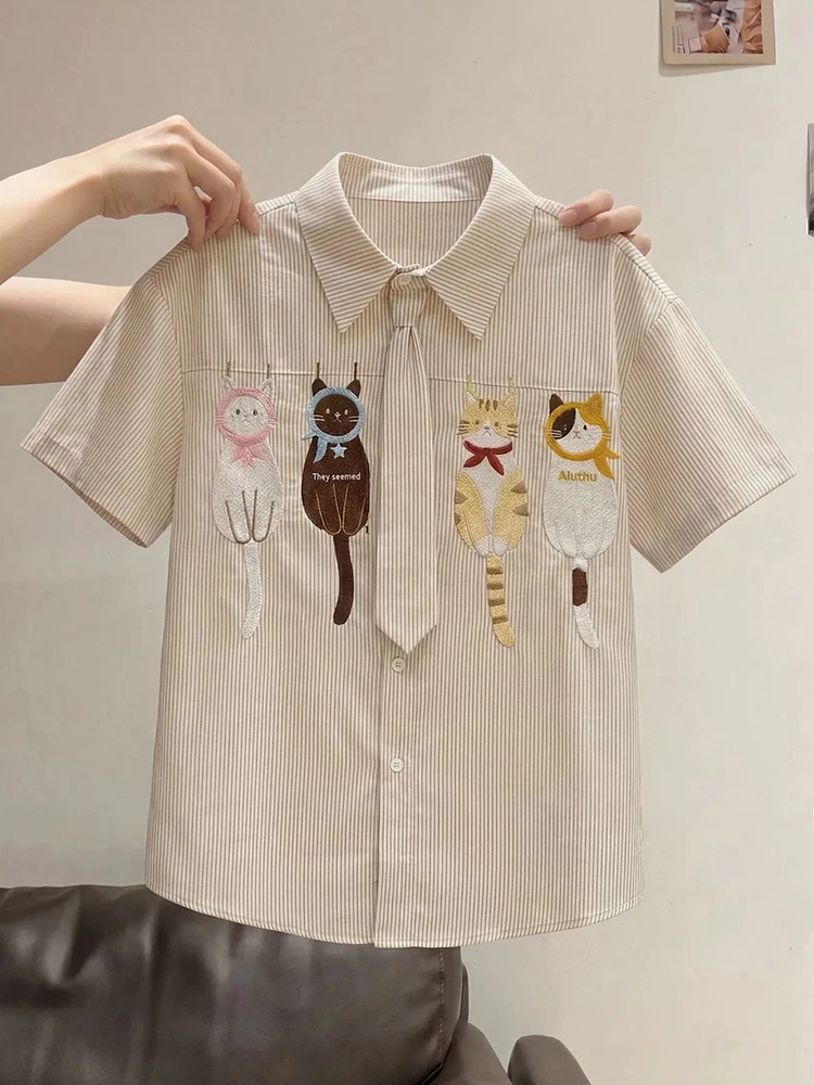 Cute Cartoon Tie Shirt Women Loose Fashion Preppy Style Embroidery Kawaii Blouse Casual Bf Chic Short Sleeve Sweet Striped Tops