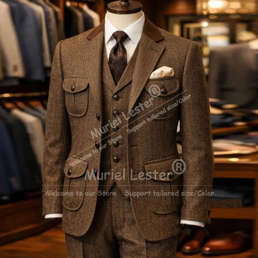 

Мужской костюм в стиле сафари: коричневый твидовый пиджак, жилет и брюки в елочку, комплект из 3 предметов, индивидуальный пошив, свадебный смокинг для жениха, Ropa Hombre