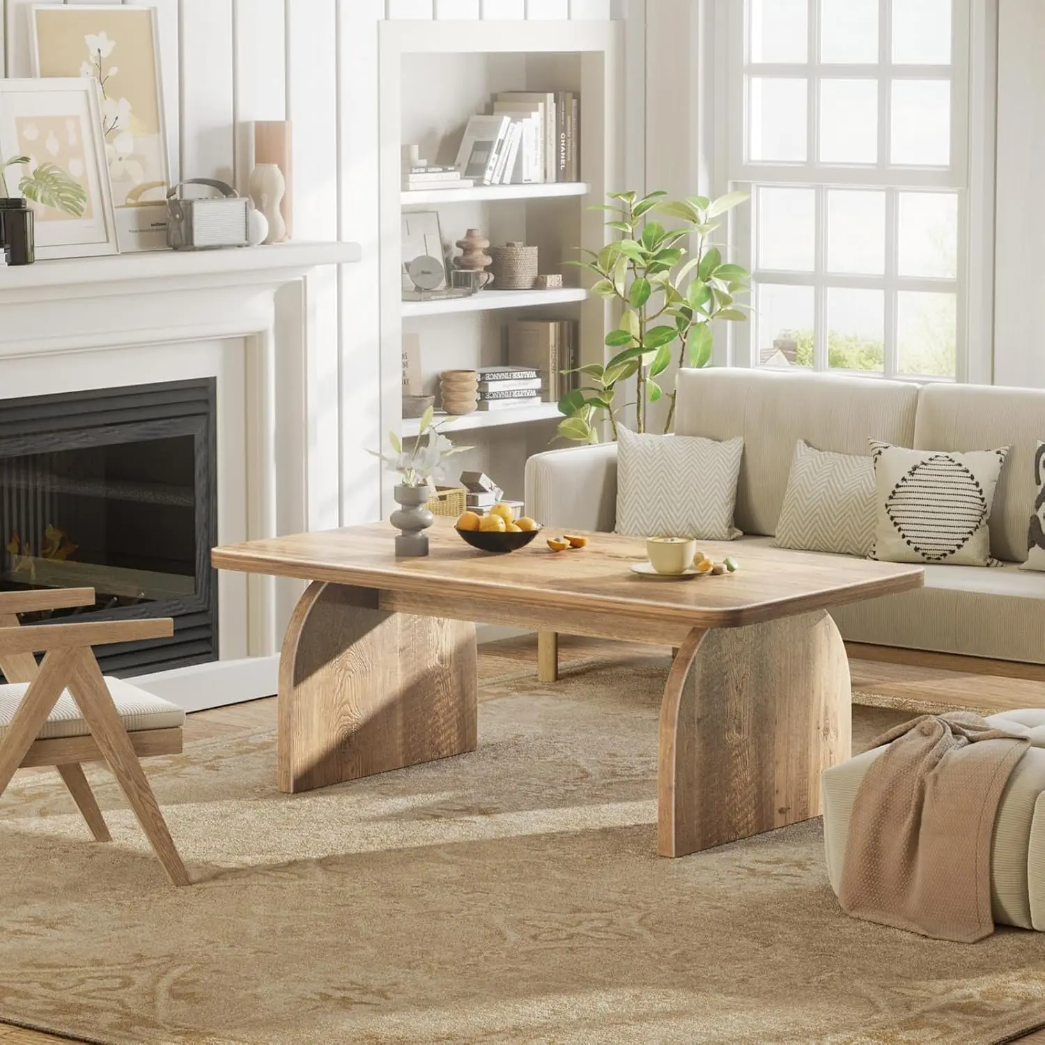 طاولة قهوة لغرفة المعيشة - طاولة قهوة مستطيلة من خشب البلوط للمزرعة، طاولة مركزية خشبية صلبة باللون البني العضوي Mo