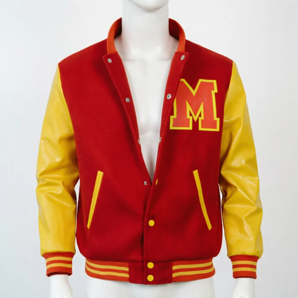 Men's Red and Yellow Varsity Jacket with "M" Letter Patch, Faux Leather Cuffs, Snap Button Baseball Jacket Cosplay view 3