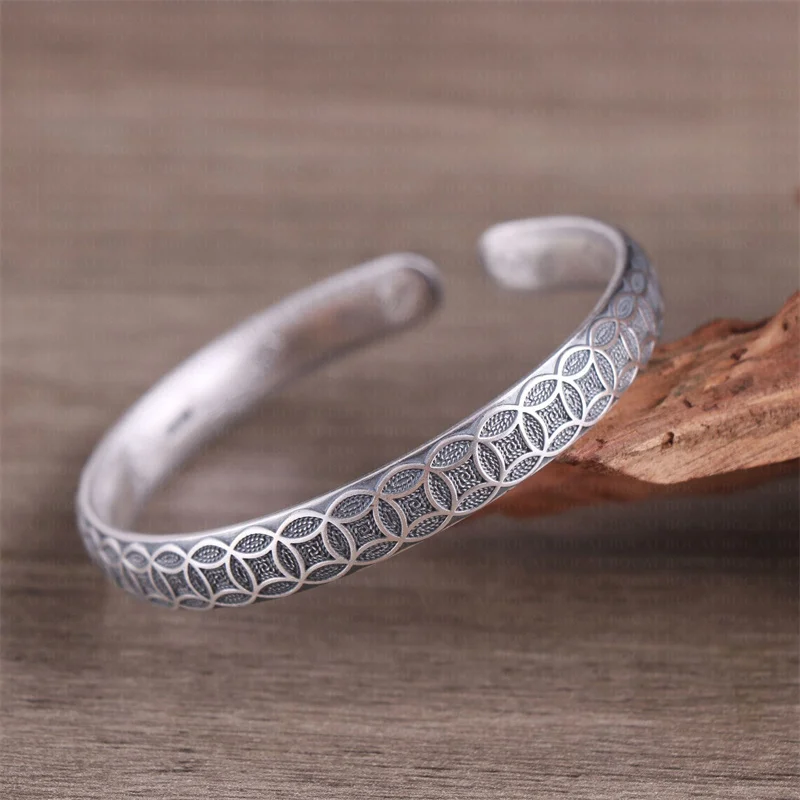 S999 Sterling Silver Charms Bracelets for Women Men Creative Emboss Ancient Coins Pattern Bangle Punk Jewelry Wholesale