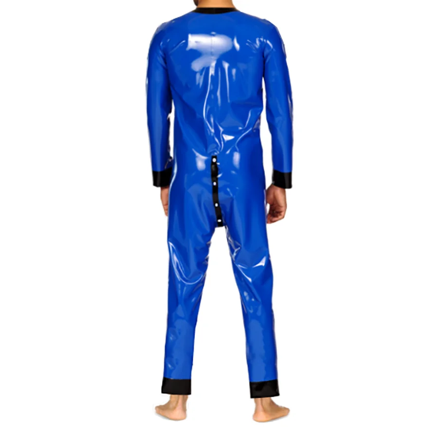 Blue and Black Sexy Men Women Latex Pajamas Loose Catsuit Overall Rubber Bodysuit Nightwear Handmade Nighty Jumpsuit S-LCM191