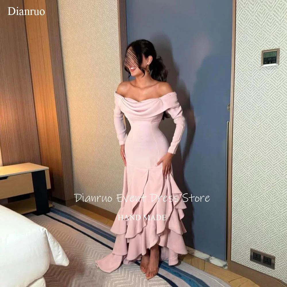 Dianruo Abito da sera asimmetrico rosa con volant in raso فسات intelliṁة con spalle scoperte Arabia Saudita Abiti Da Cerimonia Personalizzato