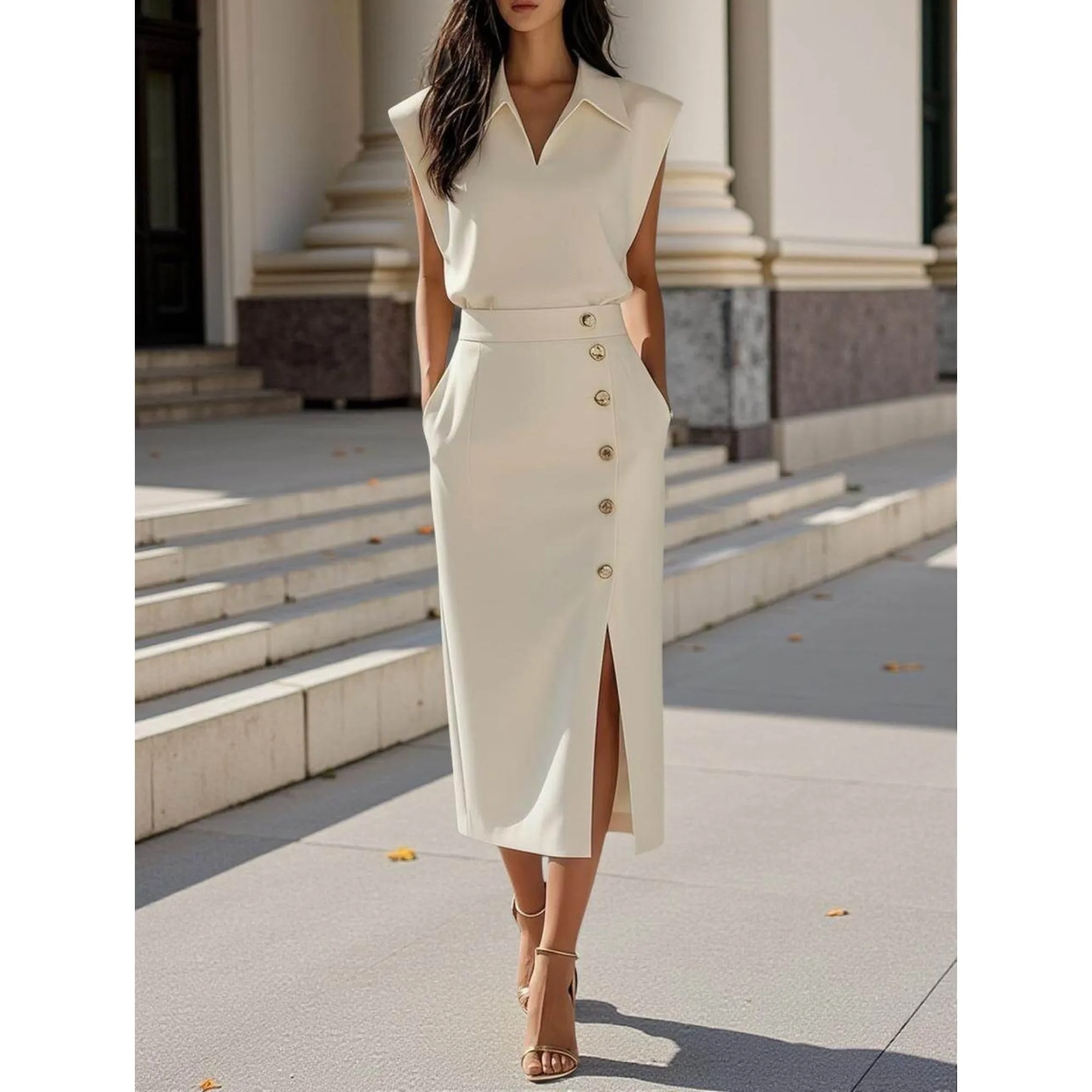

Collared Sleeveless Top + Slit Skirt Two Piece Set for Women | Elegant Office Style for Work and Business Meetings