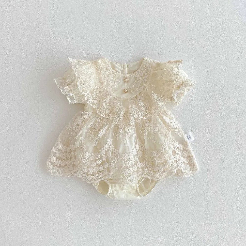 

Princess Baby Girl Romper 0-2Years Newborn Solid Color Short Sleeve Lace Embroidered Dress Bodysuit Outfits Summer Clothes