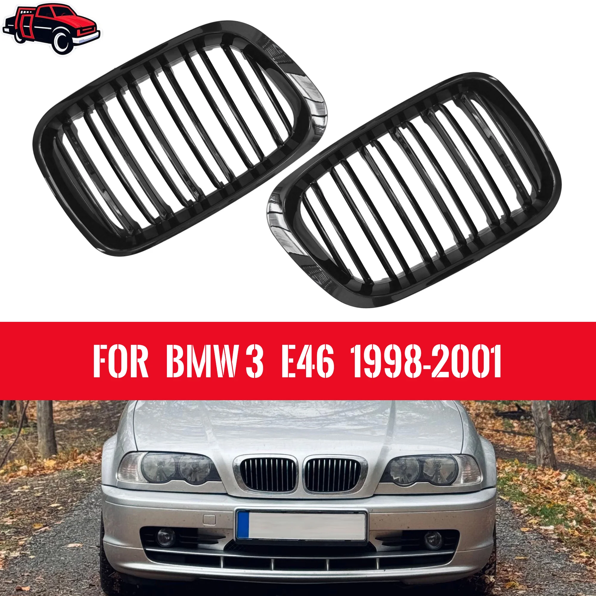 Front Bumper Grill For BMW 3 Series E46 316i 318i 320i 323i 325i 328i 330i 1998 1999 2000 2001 Gloss Black Kidney Grille Covers
